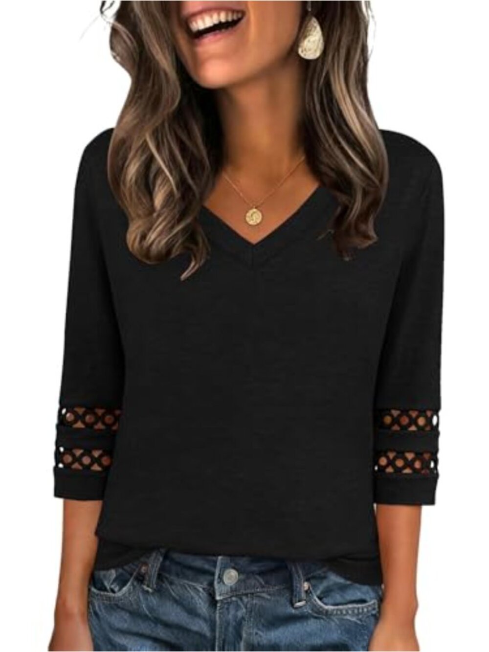 Womens Blouse 3/4 Sleeve Eyelet Lace V Neck Dressy Casual Work Top